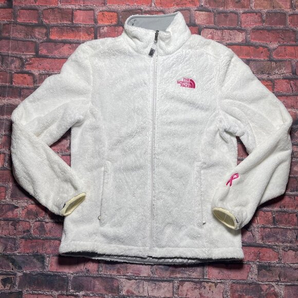 The North Face Womens M White Osito Fleece Jacket Plush Full Zip Pink Logo Y2K - Picture 1 of 7